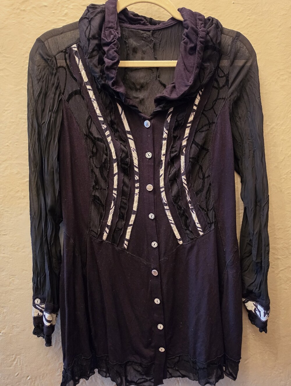 Black Mesh Burnout Witchy Vibes Ruffle Tunic Top L Biba Germany